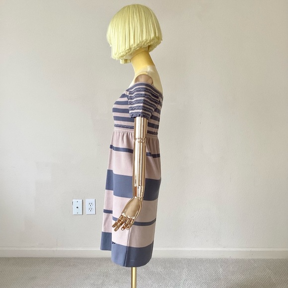 Fendi Shift Dress Gray Short Sleeve with Off-The-Shoulder Stripe Ruffle 4 - Picture 2 of 11